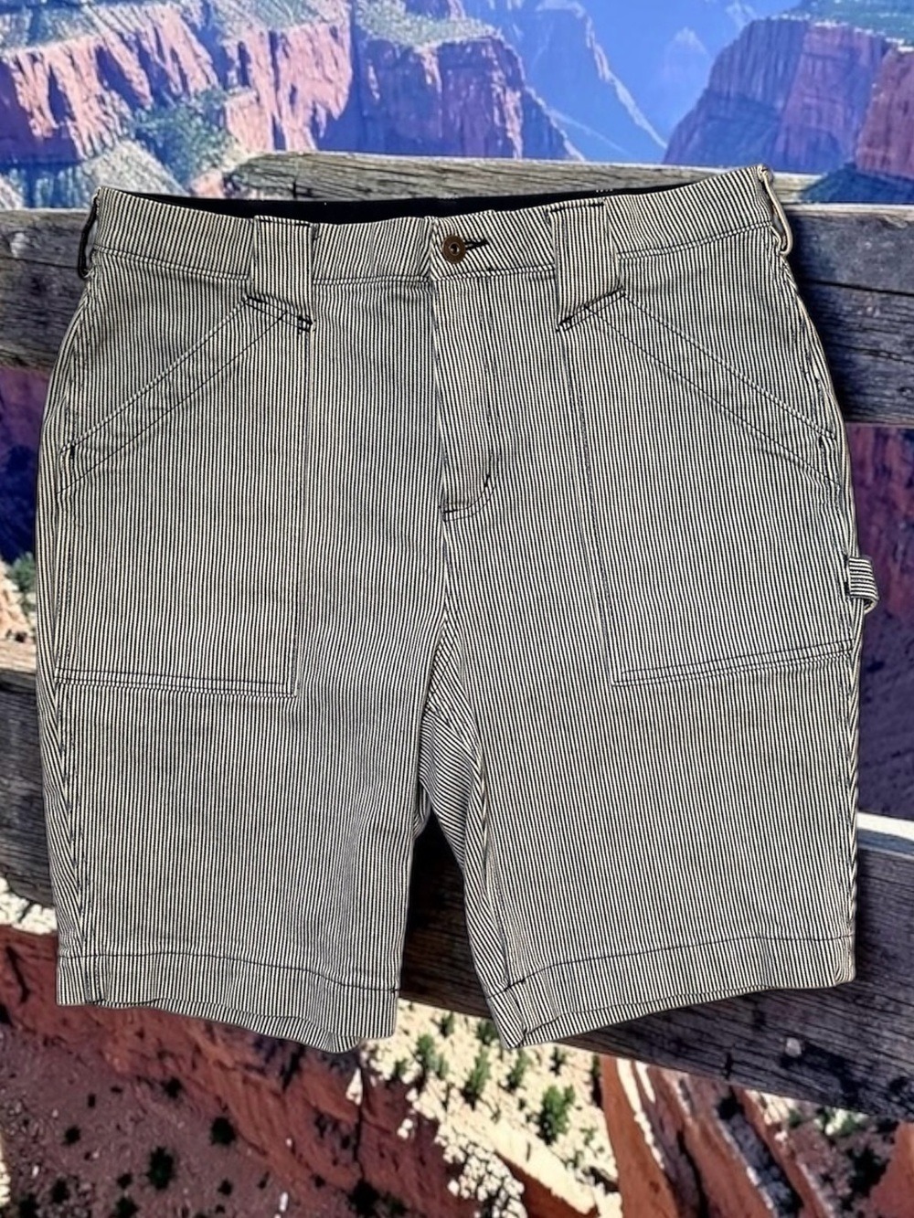 Duluth Denim Bermuda Shorts Womens 14 Durable Blue & White Strips Mid-Rise
